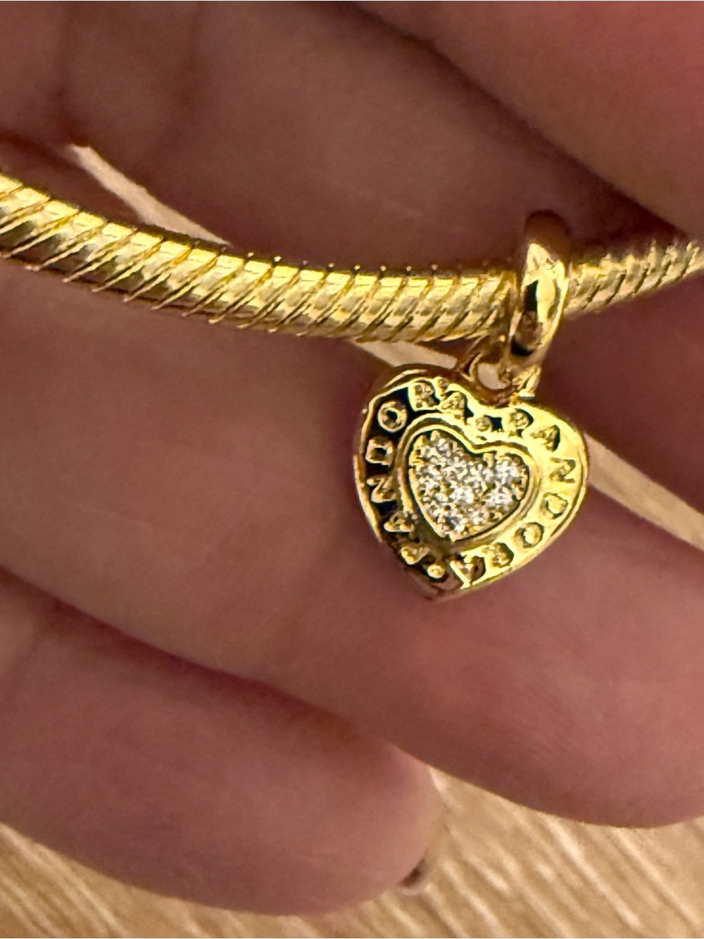 Pandora Gold Heart Dangle Charm with Pavé Heart Center